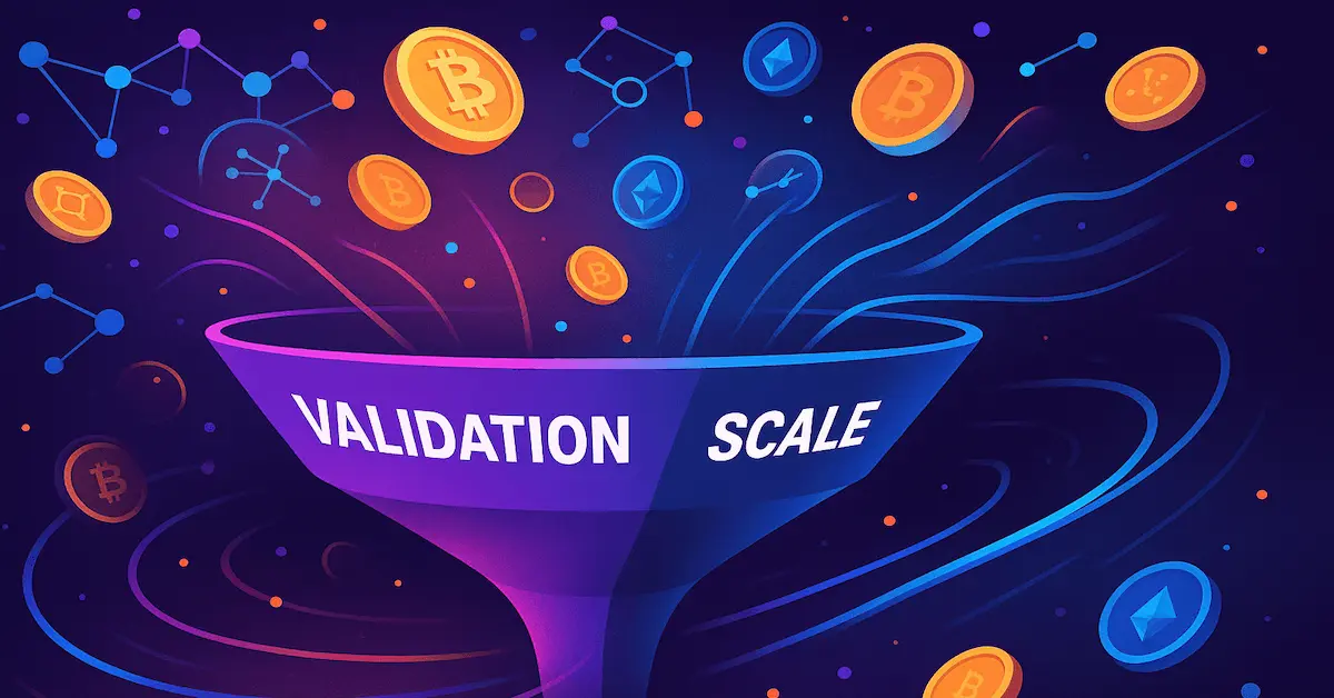 Futuristic funnel graphic illustrating the transition from low-cost lead generation to validated scaling in crypto marketing.